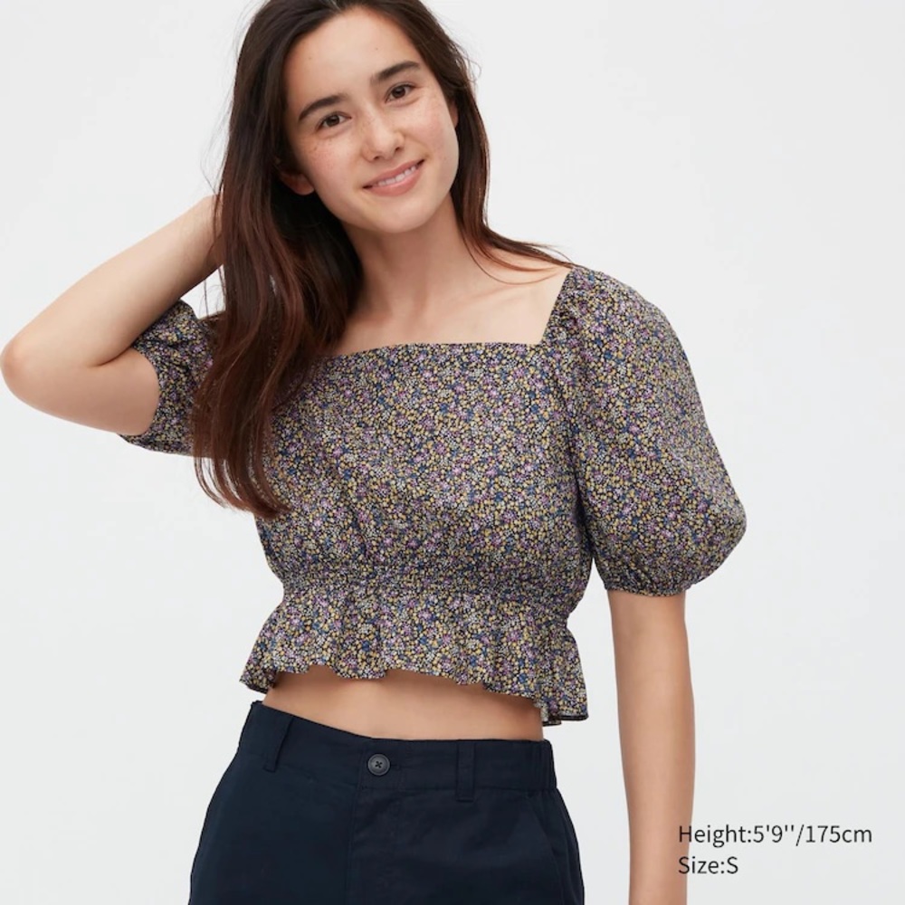 Printed Puff-Sleeve Cropped Blouse L